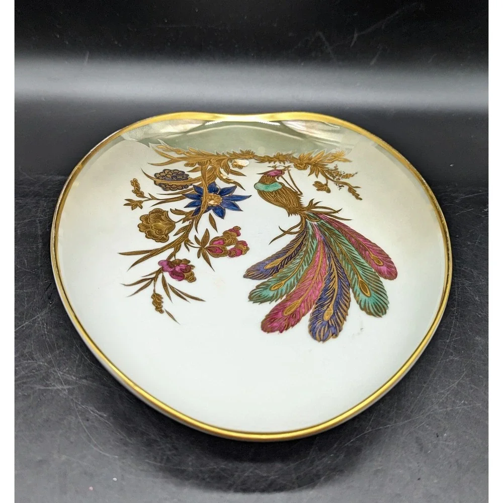 Vintage Dipinto A Mano Longo Oro Zecchino Italy Oval Dish Pheasant Bird Flower